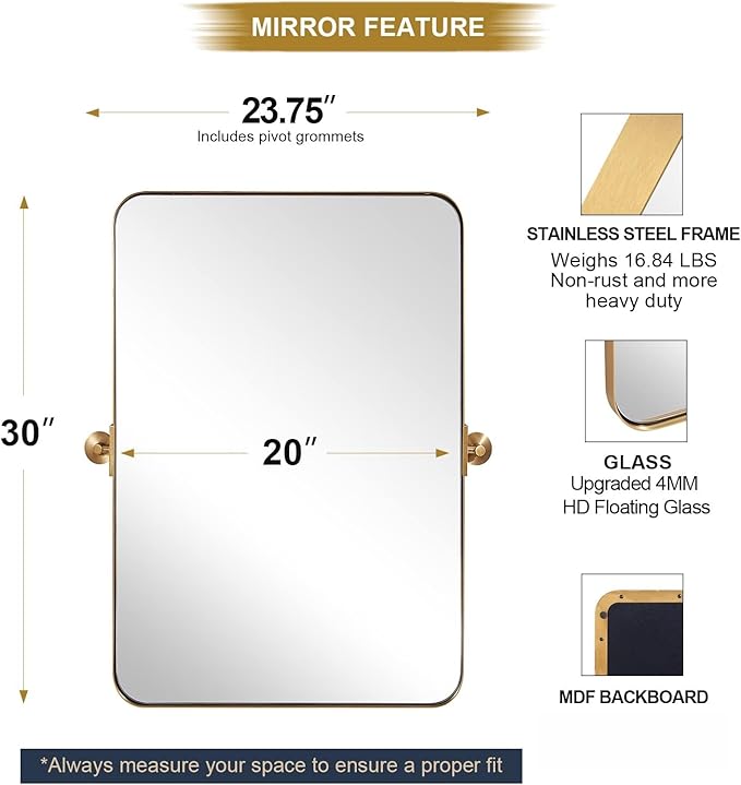 ANDY STAR 20"x30" Brushed Gold Pivot Mirror for Bathroom, Brass Metal Frame Bathroom Mirrors for Wall，Rectangle Titling Vanity Wall Mirror with Rounded Corner Design Hangs Vertically Only