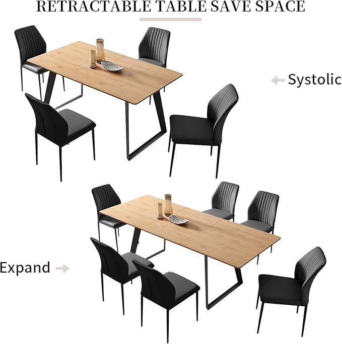 ZckyCine 63"-79" Expandable 6 Person Dining Table Set - Modern Oak Color Table with 6 Black Chairs, Dining Room Dining Table Set for Kitchen and Dining Room