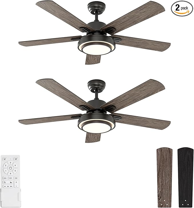 warmiplanet Ceiling Fans with Lights and Remote Control, 52 Inch, 6 Speeds Reversible DC Motor, 3 Color Dimmable Light, Timer, Noiseless, Black, 5 Blades, 2 Pack
