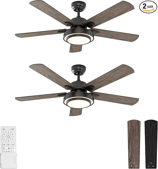 warmiplanet Ceiling Fans with Lights and Remote Control, 52 Inch, 6 Speeds Reversible DC Motor, 3 Color Dimmable Light, Timer, Noiseless, Black, 5 Blades, 2 Pack