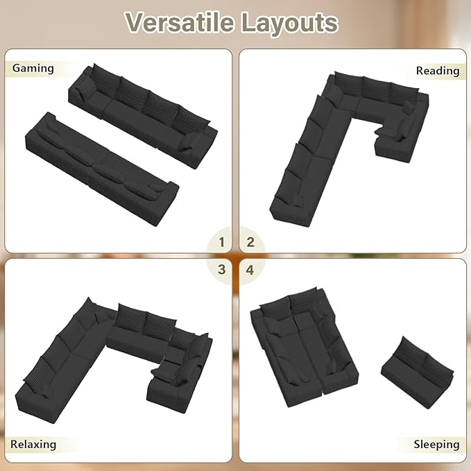 Sectional Cloud Couch for Living Room, Big Comfy Corduroy Couches Set with Fluffy Memory Foam, Modular Floor Deep-Seat Sofa, Stupendous U Shaped Sofas with 12 Pillows, No Assembly Required, Black