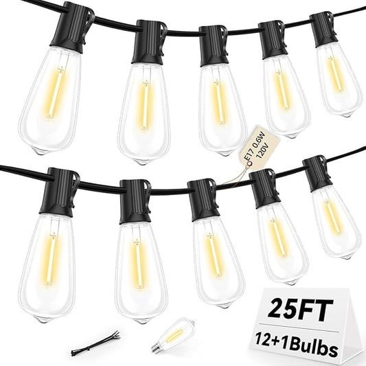 ST40 25FT Outdoor LED String Lights with 12+1 Shatterproof Bulbs,E17 Socket, 2700K Warm White,Weatherproof, 0.6W LED,for Patio,Porch, Deck,Gazebo,Bistro,Garden,Wedding,Party Decor