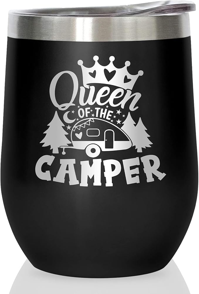 Queen of The Camper Wine Tumbler, Camping Gifts Coffee Mug Cup, Camp Wine Glass Stemless Tumblers with Lid Stainless Steel Insulated Vacuum, RV Gifts for Women Camper Travel Outdoors 12 Oz
