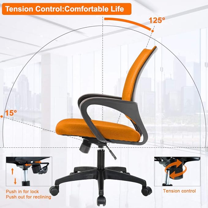 BestOffice | Ergonomic Office Chair | Mid-Back Swivel Desk Chair | Breathable Backrest & Lumbar Support | Adjustable Height | Sponge Seat | Rolling Wheels | Orange | for Adults & Women