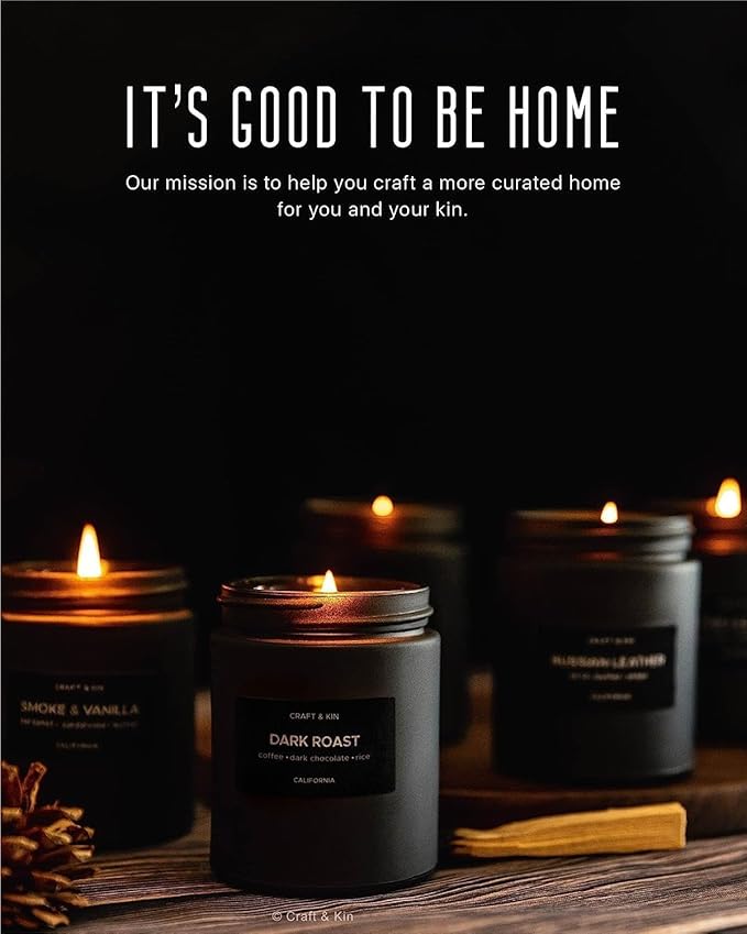 Craft & Kin Premium Dark Roast Coffee Candle | Black Christmas Scented Candles for Home | Long Lasting with 45 Hour Burn Time, 7.6oz | Soy Holiday Candle | Aromatherapy at Home | Gifts for Men
