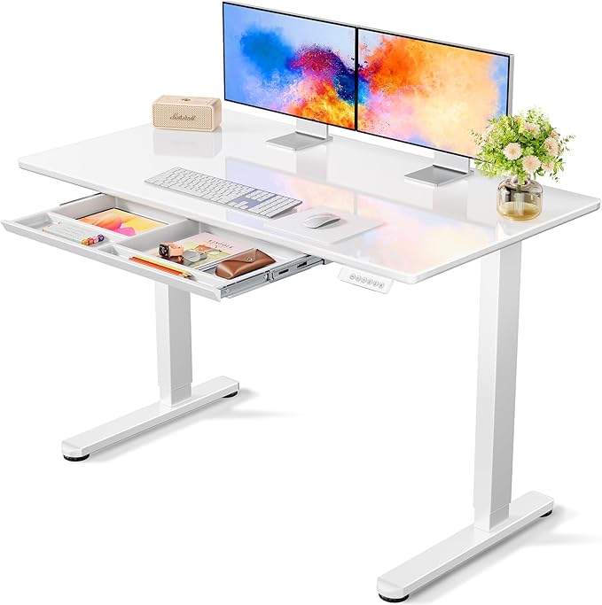 Marsail Glass Standing Desk with Drawer, 48 x 24 Inches Office Desk, Electric Standing Desk with One-Piece Tempered Glass Top, Ergonomic Home Office Sit Stand Desk with 4 Preset Heights, White