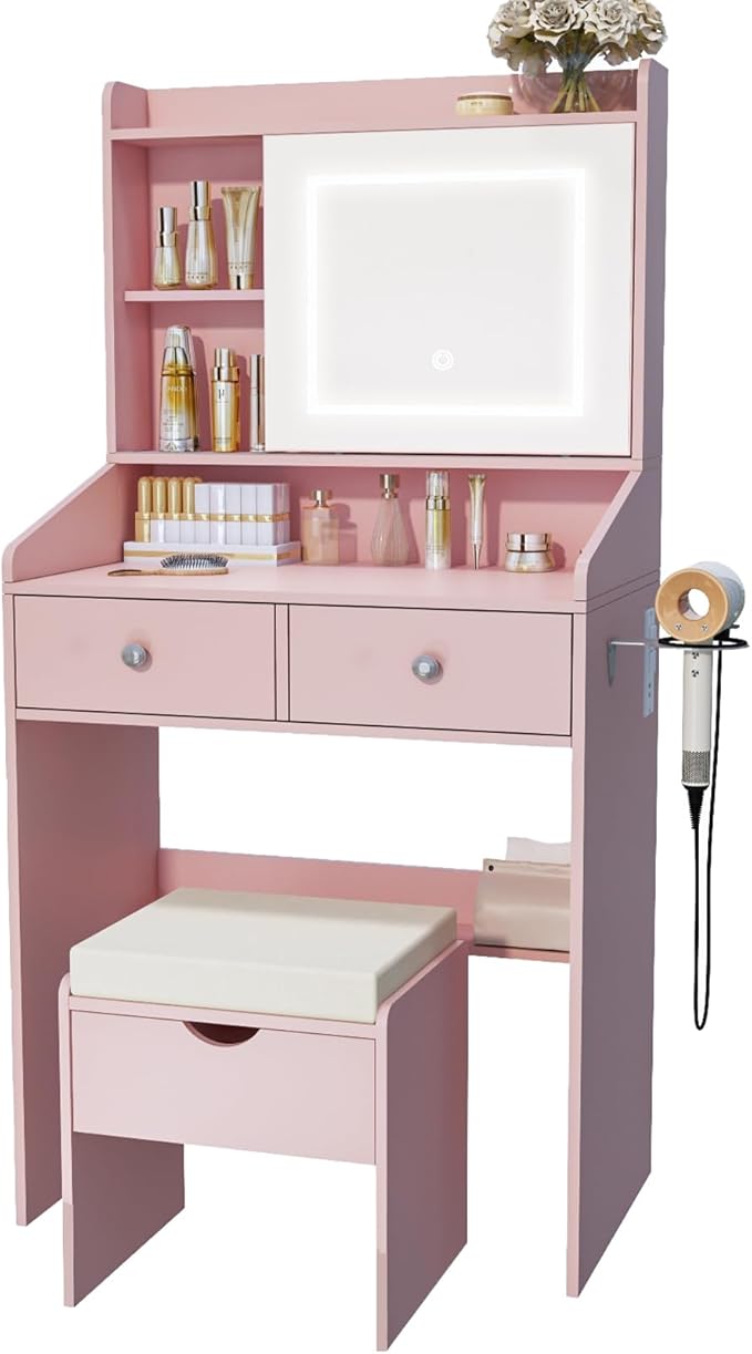 Vanity, Small Vanity Desk with Sliding Mirror, Dimmable LED Lights, 2 Drawers,Vanity Table Ideal for Bedroom（Pink）