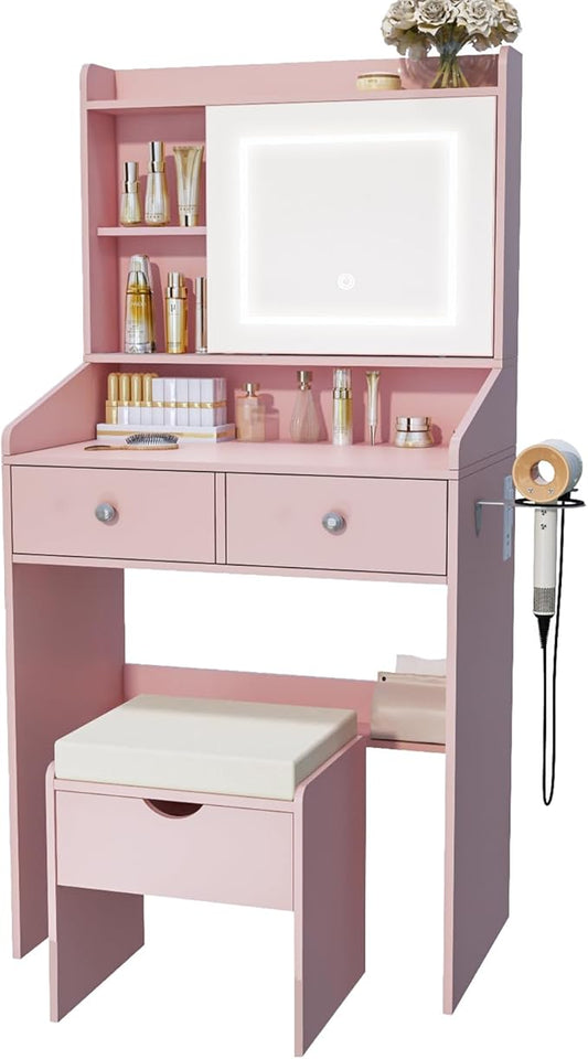 Vanity, Small Vanity Desk with Sliding Mirror, Dimmable LED Lights, 2 Drawers,Vanity Table Ideal for Bedroom（Pink）