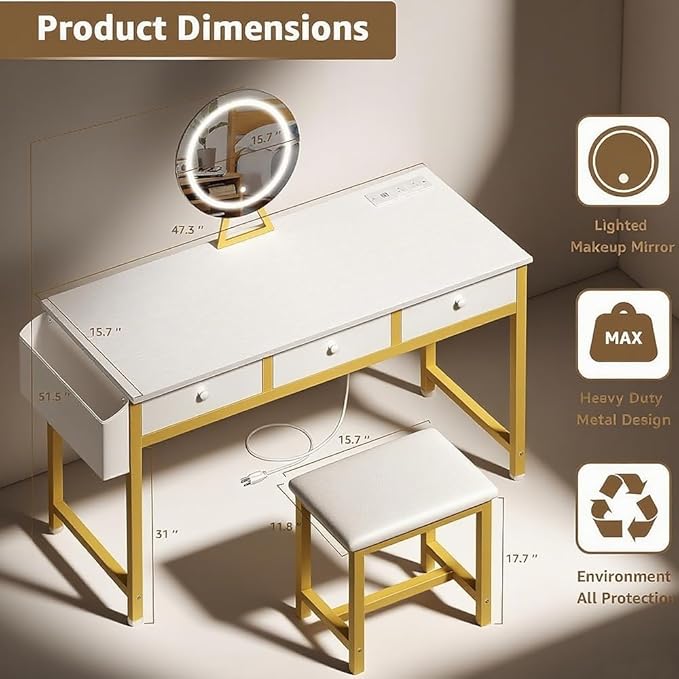 White and Gold Makeup Vanity Desk with Mirror and Lights Big Vanitys Set with Chair, Drawers and Power Outlet, Dressing Table Vanities for Girls Bedroom 47“