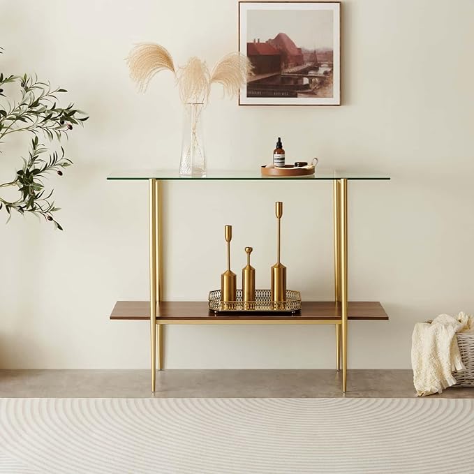 Glass Console Table for Living Room, Foyer & Entrance, 2-Tiers Mid-Century Modern Sofa Table with Clear Glass Top, Walnut Finish Wood Top and Gold Finish Metal Frame