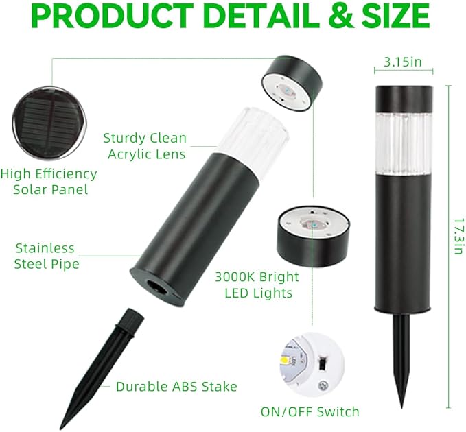 Solar Pathway Lights Outdoor Waterproof, 4 Pack Stainless Steel Stake Lights, Bright 35LM 3000K Warm White LED, IP65 Auto On/Off Landscape Lighting for Garden, Yard, Lawn, Walkway, Patio, Driveway