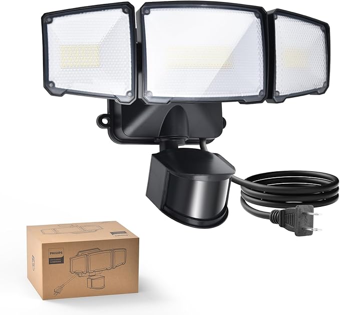 Philips 36W Motion Sensor Security Lights Outdoor, 3800 LM LED Dusk to Dawn Plug in Flood Light, 3 Adjustable Heads, 5000K Daylight, Waterproof for Garage, Yard, Porch