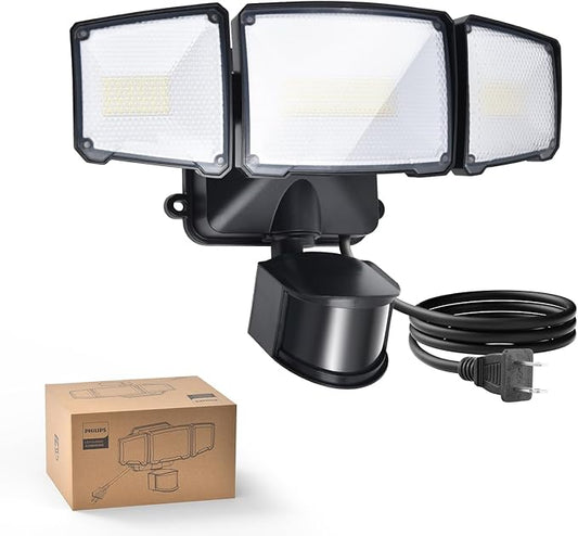 Philips 36W Motion Sensor Security Lights Outdoor, 3800 LM LED Dusk to Dawn Plug in Flood Light, 3 Adjustable Heads, 5000K Daylight, Waterproof for Garage, Yard, Porch