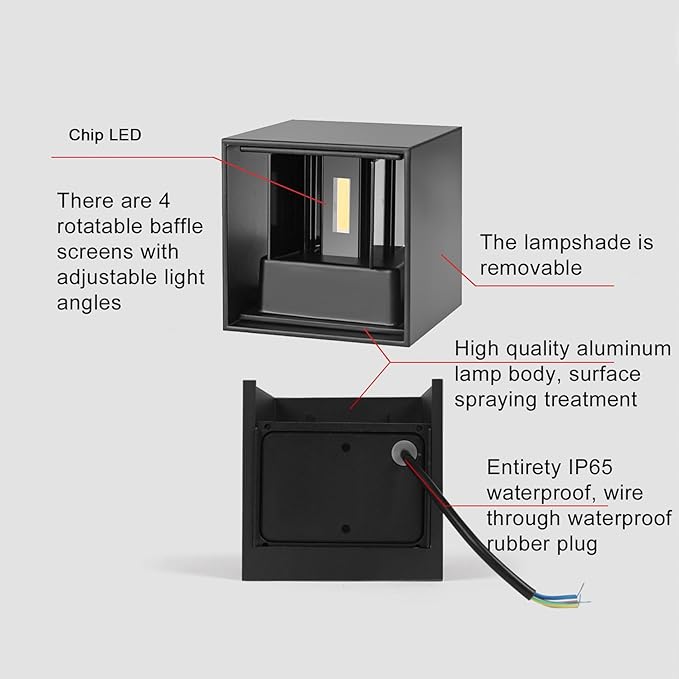 2 Pack LED Outdoor Wall Lights Exterior/Interior, Up and Down Lights IP65 Waterproof Wall Sconces, Square Aluminum Outdoor Wall Lighting Fixtures, Modern Black 12W 3000K Warm Lights