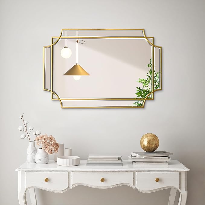 Gold Beveled Mirror, 20"x30" Bathroom Vanity Mirrors for Over Sink, Modern Rectangle Mirror with Wood Frame, Elegant Decorative Mirrors for Living Room Bedroom Fireplace Entryway Hallway