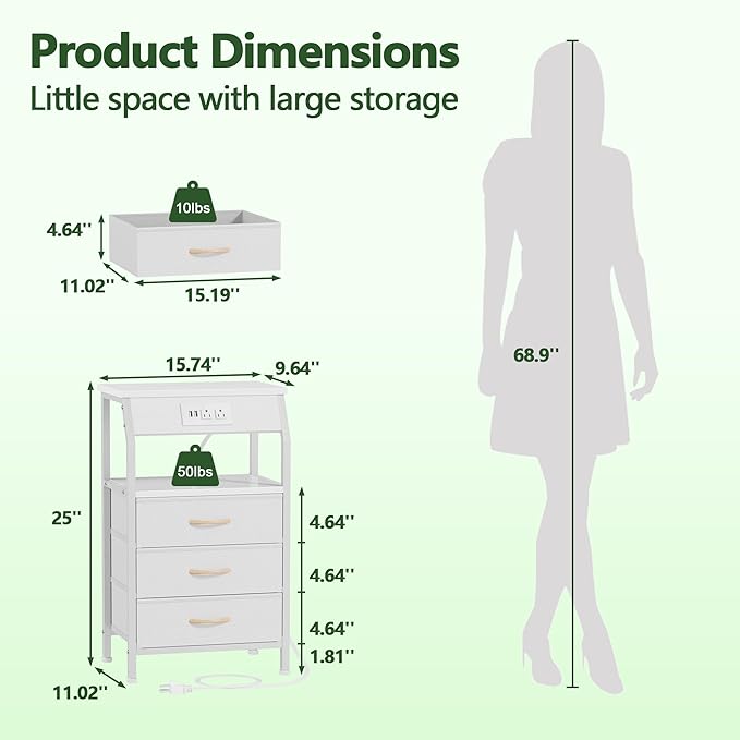Furnulem Night Stand with Charging Station, 28.3 Inch Tall Bedside Table with PVC Drawers, End Table with USB Ports and Outlets, 3 Fabric Drawer Storage Nightstand for Bedroom, 3 Ways to Use, White