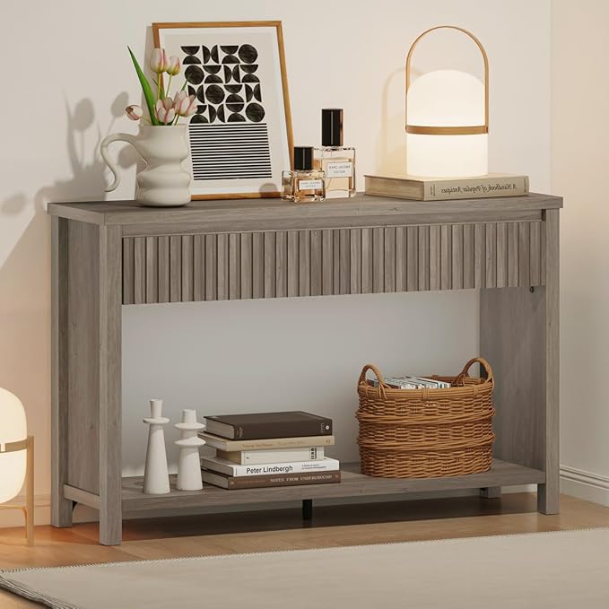 BON AUGURE Console Table with Storage, Entryway Table with Drawers, 47In Couch Tables Behind Sofa, Sofa Tables with Two-Tier Shelf for Living Room, Hallway, Front Door, Greige Oak