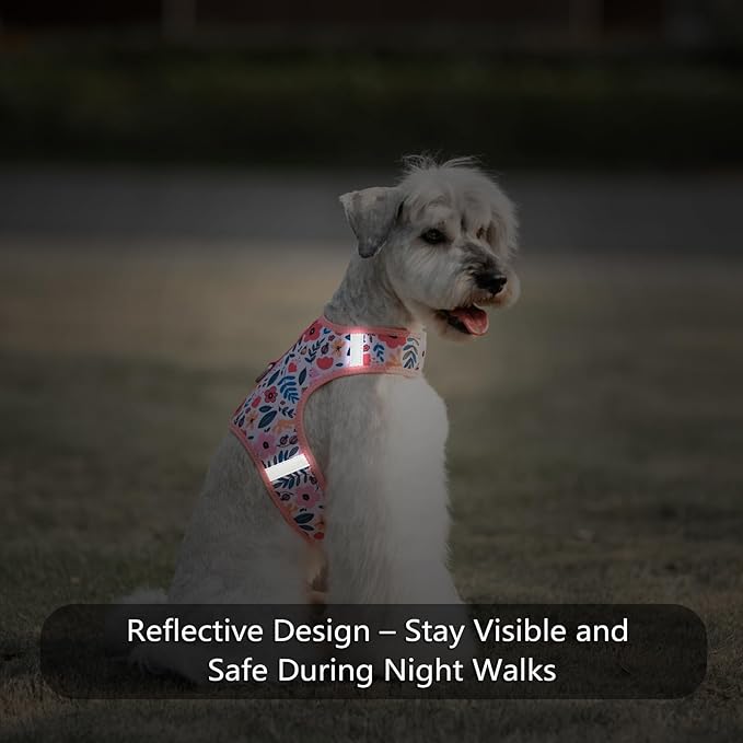 Dog Harness for Small Sized Dog,Hook-and-Loop Easy On/Off, Reflective Adjustable Soft Mesh Vest for Puppy (Pink Floral Print,S)