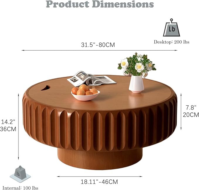 Round Coffee Tables with Storage Fluted Drum Coffee Table with Solid Wood Relief, Modern Circle Wooden Coffee Tables Brown Center Table Accent Tea Table for Living Room Apartment (Round 31.5'')
