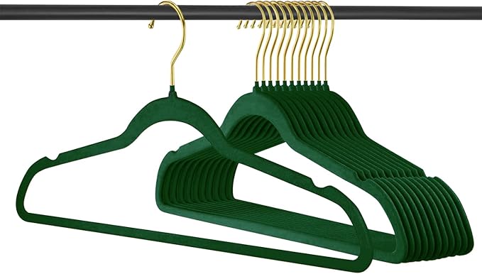 ManGotree Velvet Coat Hangers with 360° Swivel Gold Hook, Non-Slip Felt Suit Hangers, Slim Space Saving Clothes Hanger for Jacket, Sweater, Shirt, Dress, Pants (36 Pack, Green)