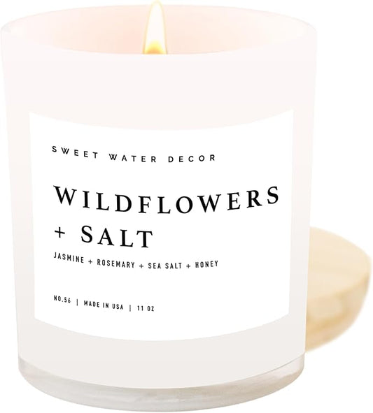 Sweet Water Decor Wildflowers and Salt Soy Candle - Jasmine, Rosemary, Sea Salt, and Honey Scented Spring Candle for Home - 11oz Jar Candle with Wood Lid, 50+ Hour Burn Time, Made in The USA