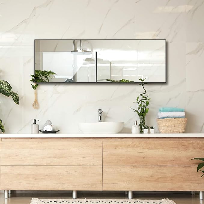 ANYHI Over The Door Mirror, 42"x14" Door Mirror Full Length, 2 Hooks, Over The Door or Wall Monuted, Aluminum Frame, for Bedroom Bathroom Checkroom, Black