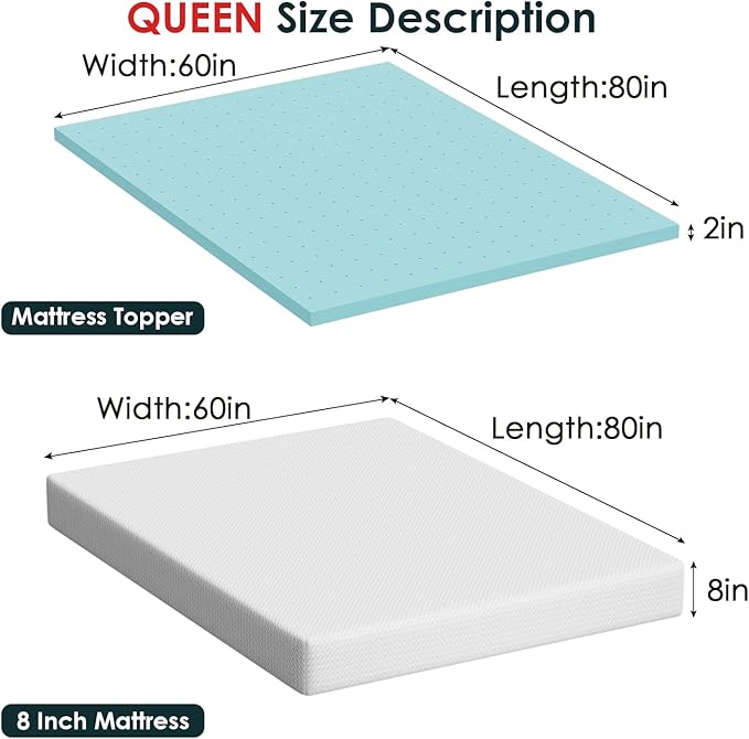 FDW | 8" Queen Mattress + 2" Cooling Mattress Topper | Gel Memory Foam | Medium Firm Feel | White | with Washable Cover for Cool Sleep and Pressure Relief | Bed in a Box, CertiPUR-US Certified