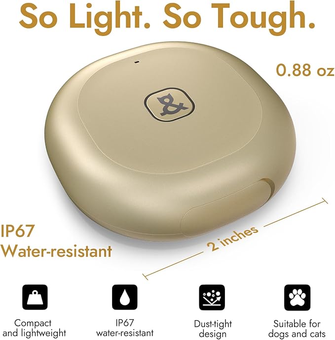 Molly&Cody GPS Dog/Cat Tracker, Multi-Mode GPS/Bluetooth, Real-Time Tracking for Pet Collar with Virtual Fence, Long Battery, IP67 Waterproof, Health Monitor, 1-Year Record, iOS/Android App (Gold)