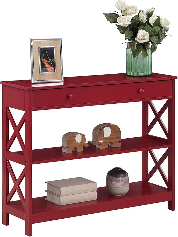 Convenience Concepts Oxford 1 Drawer Console Table with Shelves, Cranberry Red