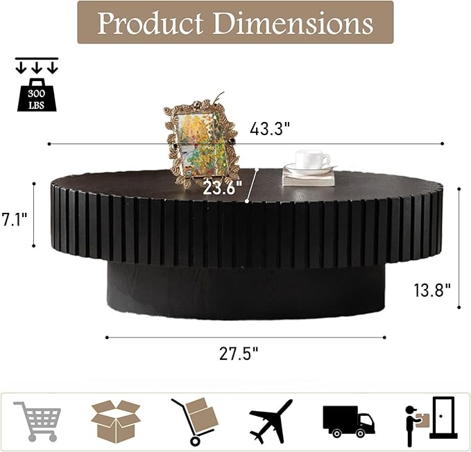Fluted Coffee Table 43.3" Oval Wood Coffee Tables Modern Handcraft Drum Coffee Table with Solid Wood Relief Sturdy Pedestal Accent Table for Living Room Home Office,Black