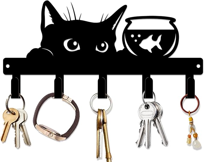 magilab Cat-Themed 10-Inch Iron Key Hooks with 5 Hooks, Black Wall Organizer - Cute Cat Design for Home Decor, No Drill & Screw-in Options (Style F)