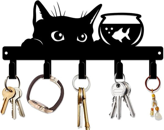 magilab Cat-Themed 10-Inch Iron Key Hooks with 5 Hooks, Black Wall Organizer - Cute Cat Design for Home Decor, No Drill & Screw-in Options (Style F)