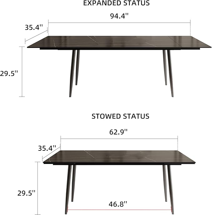 Extendable Dining Table (62.9" to 94.4") for 6 to 10 - Modern Rectangular Sintered Stone Table with High Hardness and Easy Maintenance - Stylish Black