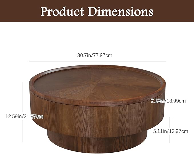 Round Coffee Table with Storage 30.7" Handcraft Drum Wooden Center Table Mid Century Modern Coffee Table Luxury Wood Circle Tea Table for Living Room Apartment, Small Space (Brown)