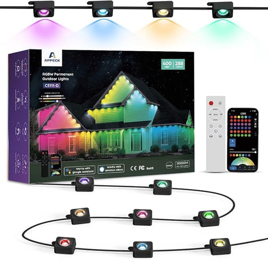 APPECK Permanent Outdoor Lights 400ft with 288 LED Lights, 144W Smart RGBW Eaves Lights,DC 36V, 40LM, IP67 Waterproof String Lights for Christams, Party Decor, Compatible with Alexa, Black