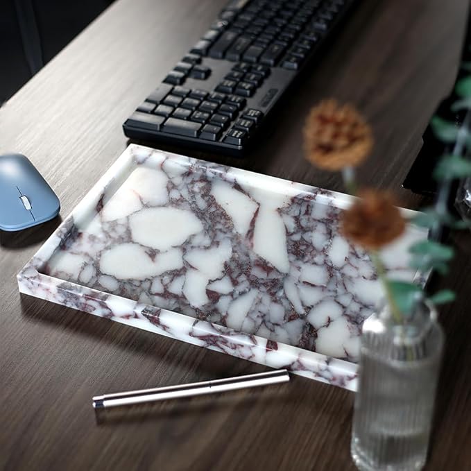 Real Luxurious Natural Marble Vanity Tray Genuine Marble Storage Tray for Home Decor Stone Tray for Bathroom/Kitchen/Vanity/Dresser,Plate Holder for Tissues, Candles, Towel