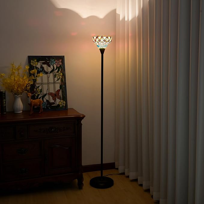 Tiffany Floor Lamp Torchiere Antique Stained Glass Lamp Yellow Peacock Tail Style Standing Light Tall Uplight Lamp for Home Decorating Reading Working
