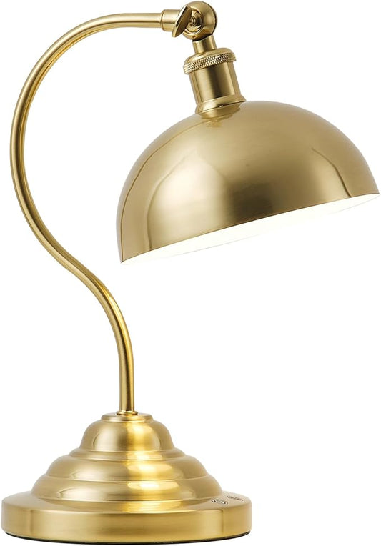 Cordless LED Table Lamp, 180° Swing Arm Desk Lamp, Rechargeable, Dimmable/3 Color/Memory Function, Vintage Rechargeable Table Light for Living Room,Bedroom,Bedside, Brass