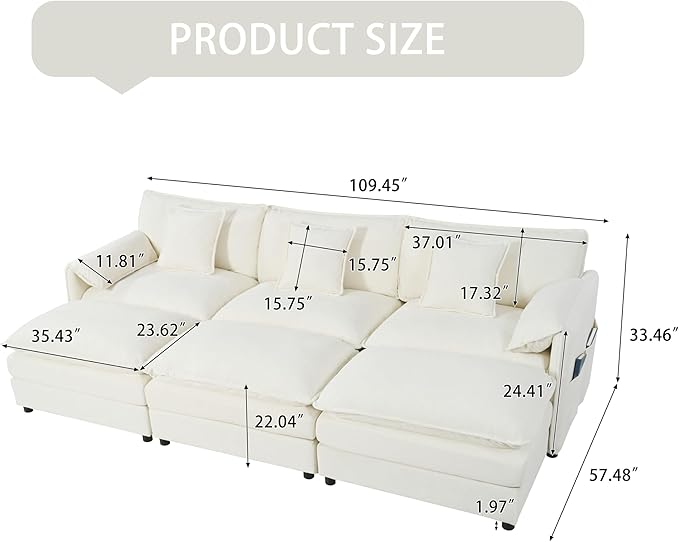 109.45" Oversized Extra Deep Seat Modern Chenille Cloud Couch, Large 3 Seater Modular Sofa for Living Room,Convertible Sofa Bed,Bedroom Apartment Office (White, 109.45 Inch+3Ottoman)