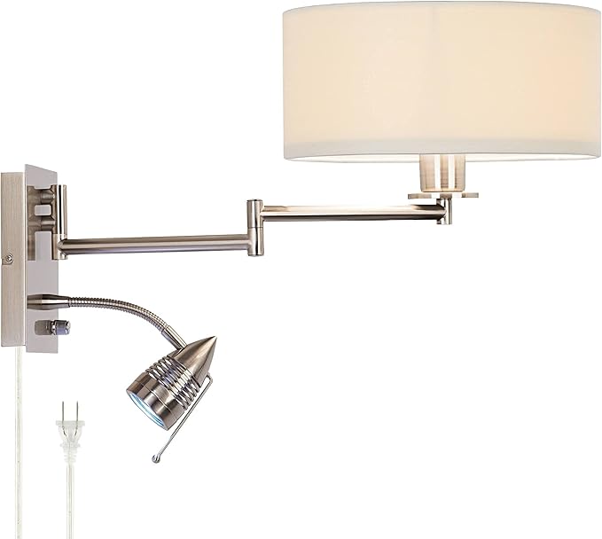 Possini Euro Design Tesoro Modern Swing Arm Wall Mounted Lamp Adjustable LED Brushed Nickel Plug-in Light Fixture Off White Drum Shade for Bedroom Bedside House Reading Living Room Home Hallway