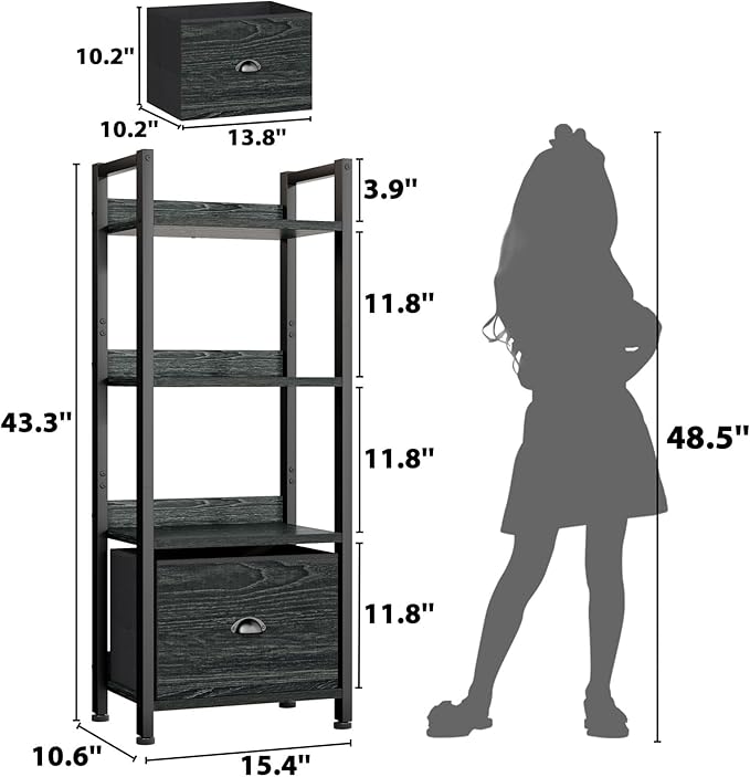 Furologee 4 Tier Bookshelf with Drawer, Small Narrow Bookcase, Wood and Metal Standing Shelf Unit, Industrial Display Storage Shelves Organizer for Bedroom, Living Room, Entryway, Black