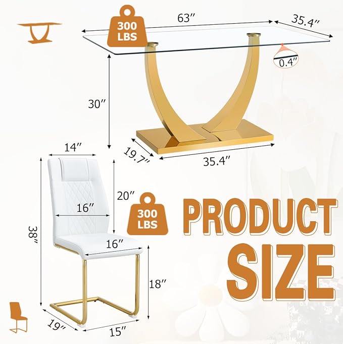 AZmac 63" Glass Dining Table Set for 6,Luxury Gold Dining Room Set with Stainless Steel Pedestal, Rectangular Tempered Glass Kitchen Table with PU Leather Chairs, for Kitchen Apartment