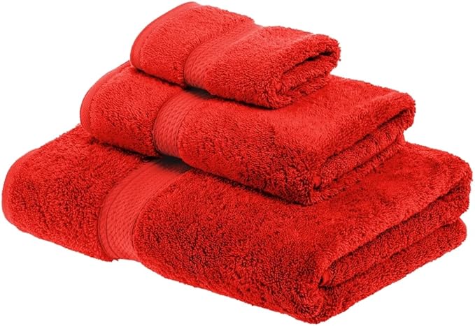 Superior Egyptian Cotton Pile 3 Piece Towel Set, Includes 1 Bath, 1 Hand, 1 Face Towel/Washcloth, Ultra Soft Luxury Towels, Thick Plush Essentials, Guest Bath, Spa, Hotel Bathroom, Red