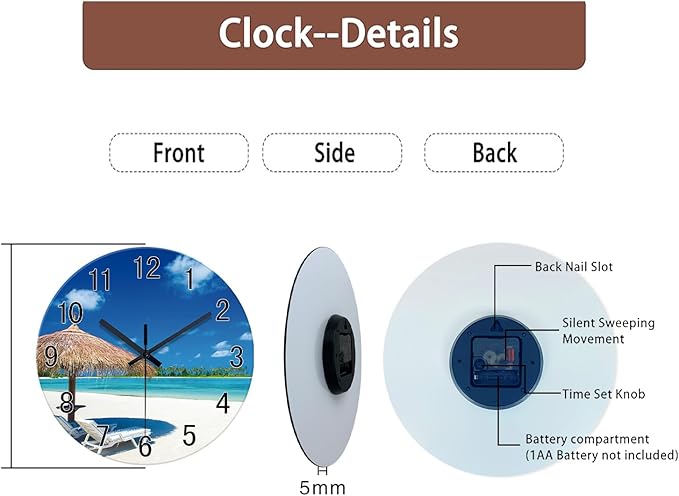 XFM Blue Beach Wall Clock 14 Inch Silent Ocean Wall Clocks Battery Operated Tropical Summer Coastal Clock for Bedroom Living Room Office