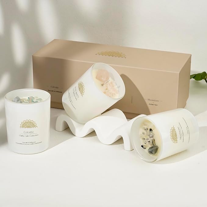 Soy Candles - Crystal Candles with Rose Quartz Moonstone Celestite - Scented Wax Gift Set - Black Currant & Rose, Amber Noir, Sea Salt & Drift Wood - 3 Pack 3.5oz