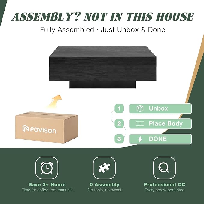 POVISON Modern Square Coffee Table with Drawers, 35.43" Wood Coffee Table for Living Room Home Office, Fully-Assembled Black