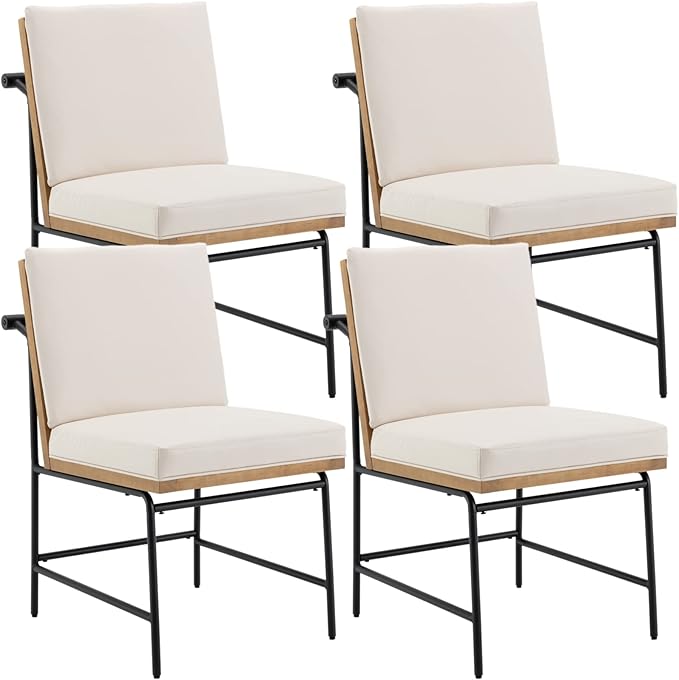 Modern Dining Chairs Set of 4, Comfy PU Leather Side Chairs Guest Chairs with Wooden Backrest Black Metal Legs for Dining Room Living Room, Beige