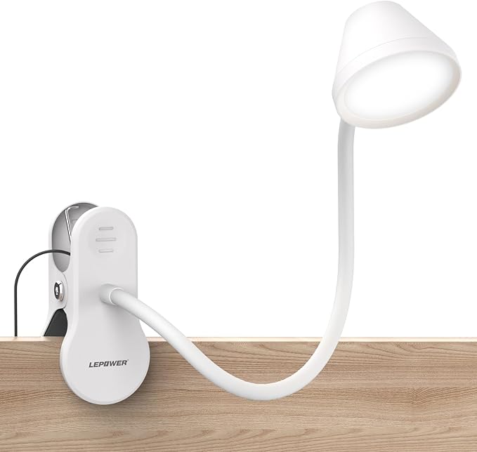 LEPOWER Clip on Light, Dimmable Book Light for Reading in Bed, 300LM Clip on Lamp, 5 Color Temperatures Clamp Light, Night Light Mode, Timer Setting, 2%-100% Brightness, for Bed, Headboard, White
