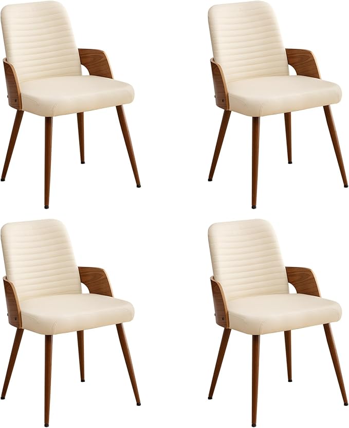 Dining Room Chairs Set of 4,Mid Century Modern Kitchen Chair,Upholstered Faux Leather Accent Chairs,Metal Legs Wooden Desk Chair,Armless and No Wheels for Kitchen Dining,Beige PU
