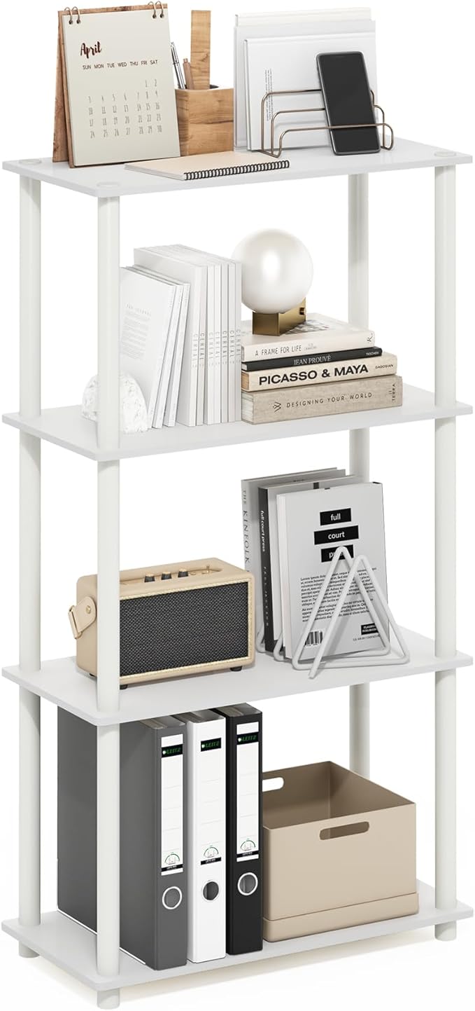 Furinno TURN-N-TUBE Storage Shelves, 4-Tier Toolless Book Shelf, Corner Shelf, Toolless Open Shelves, for Organization and Storage, Living Room, Garage, Home Office, White